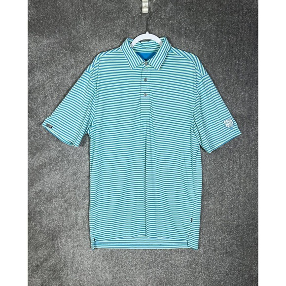 Straight Down Biltmore Polo Shirt Men Large Striped Blue Green Embroidered Patch - Picture 1 of 11